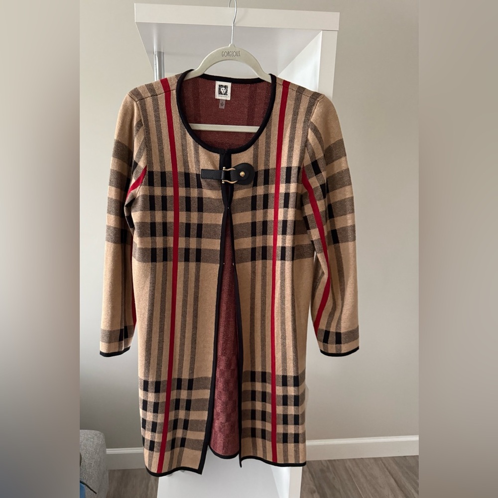 Anne Klein Tan Plaid Long Cardigan with Buckle